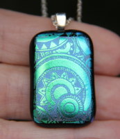 Blue and green dichroic sundial shimmer pendant, dichroic glass necklace, green dichroic necklace, fused glass necklace, fused glass pendant, 