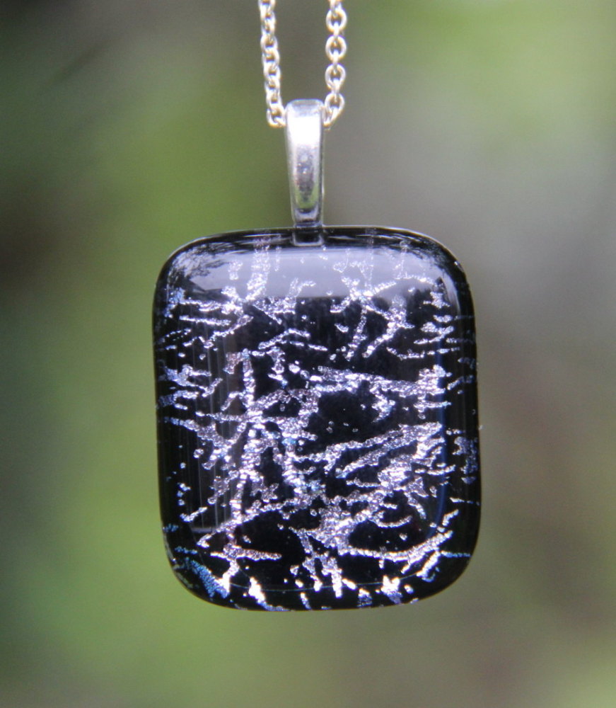 Black and silver dichroic pendant, dichroic glass necklace, silver dichroic