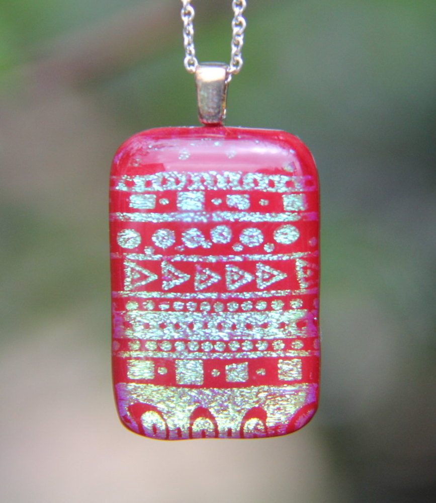 Red and gold dichroic pendant, dichroic glass necklace, gold dichroic neckl