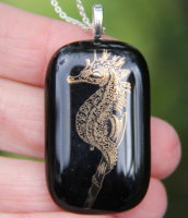 Black and gold seahorse pendant, seahorse necklace, fused glass necklace, fused glass pendant