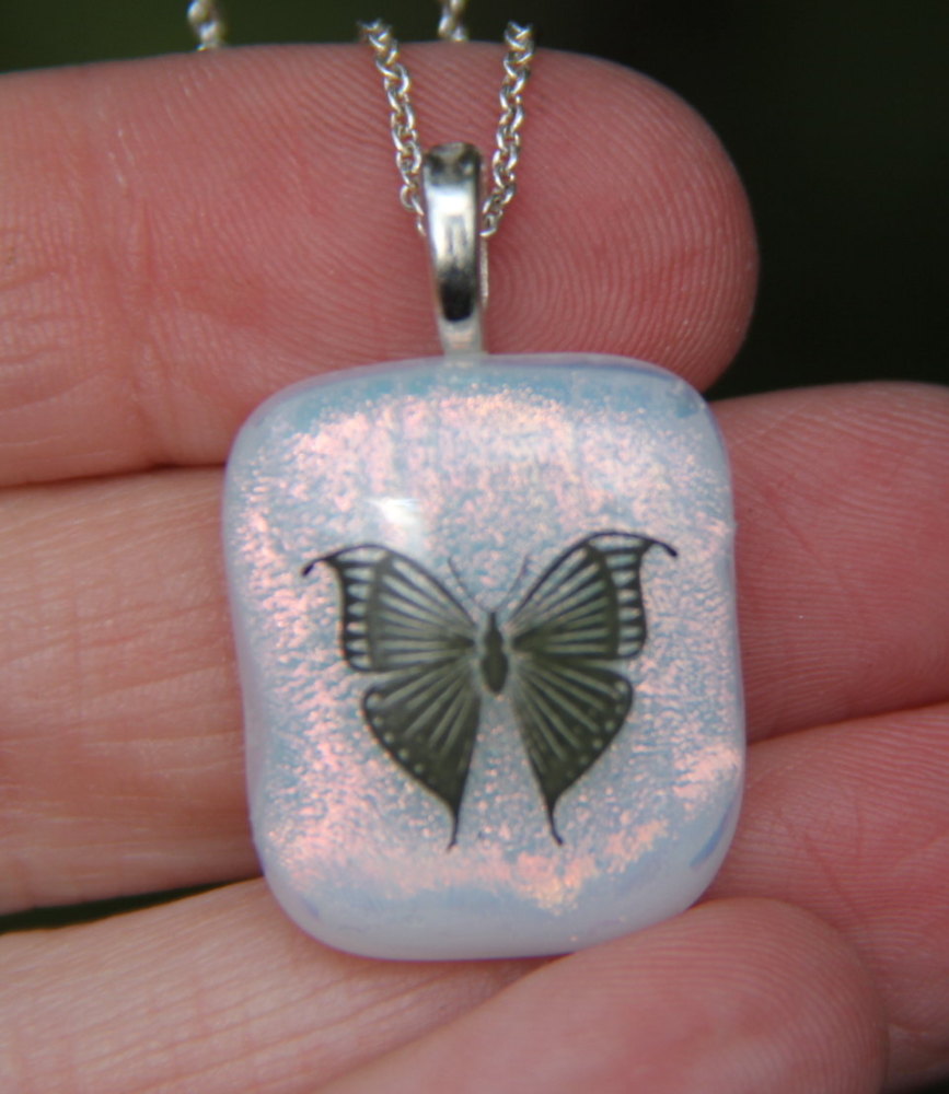 White butterfly dichroic pendant, dichroic glass necklace, butterfly dichro