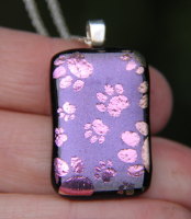 Pink dichroic paw print shimmer pendant,  pink dichroic necklace, fused glass necklace, fused glass pendant, 