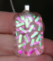Two layer gold and pink dichroic confetti pendant, gold and pink dichroic necklace, fused glass necklace, fused glass pendant, 