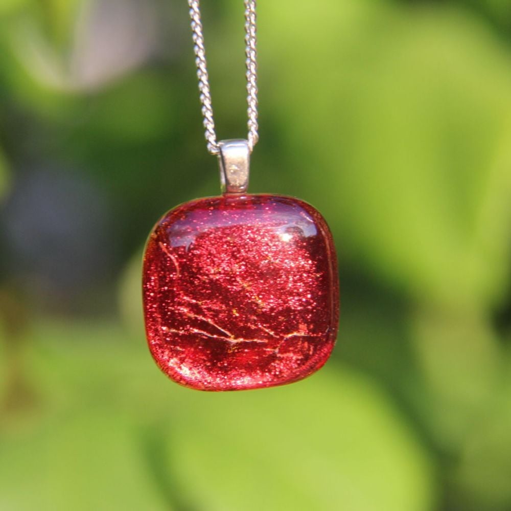 Square red dichroic glass pendant