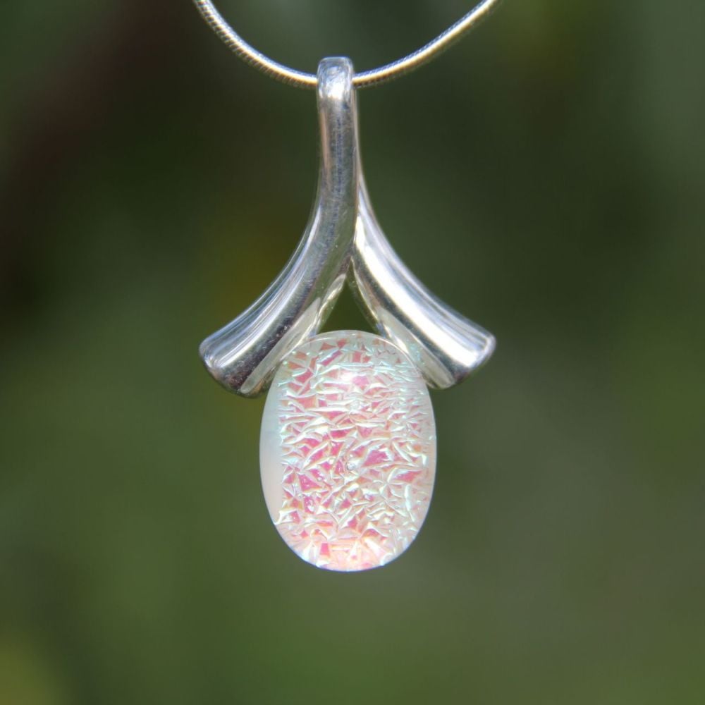 Silver green dichroic wishbone pendant