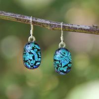Blue flower dichroic dangly earrings