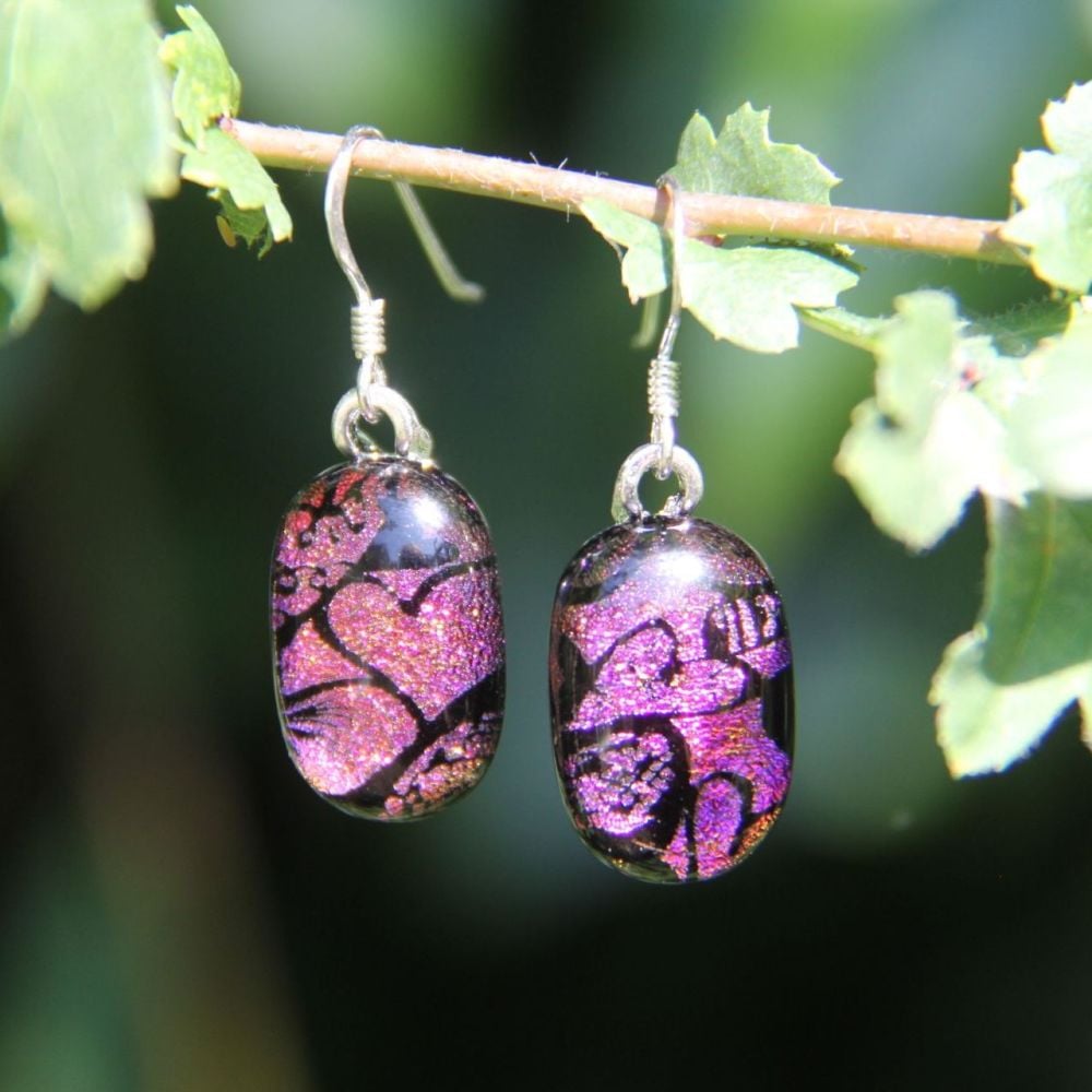 Deep pink heart dichroic drop earrings