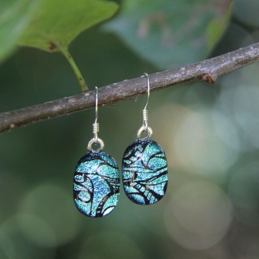 Silver blue dichroic drop earrings