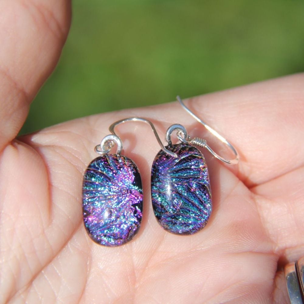 Rainbow flower dichroic glass earrings