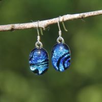 Blues dichroic drop earrings, dichroic dangly earrings