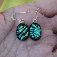 Green and black stripes dichroic glass drop earrings