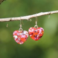 Red, pink, brown and pale green speckled heart  glass drop earrings