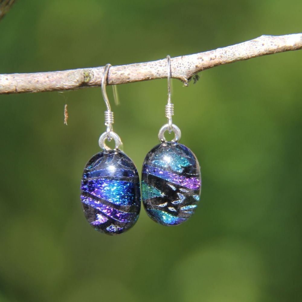 Muted blue purple mix dichroic glass drop earrings 