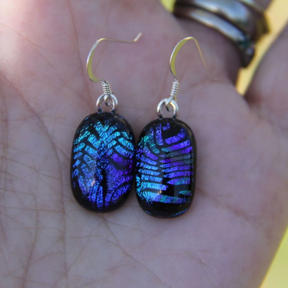 Blue and purple stripe dichroic glass drop earrings