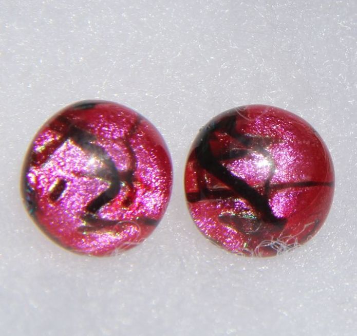 Deep pink and black dichroic glass stud earrings 