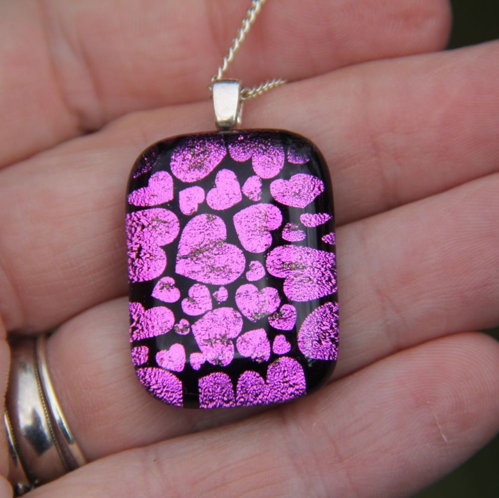 Pink heart dichroic glass pendant