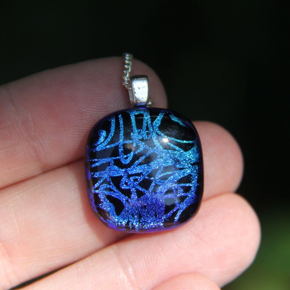 Blue scribble dichroic glass pendant