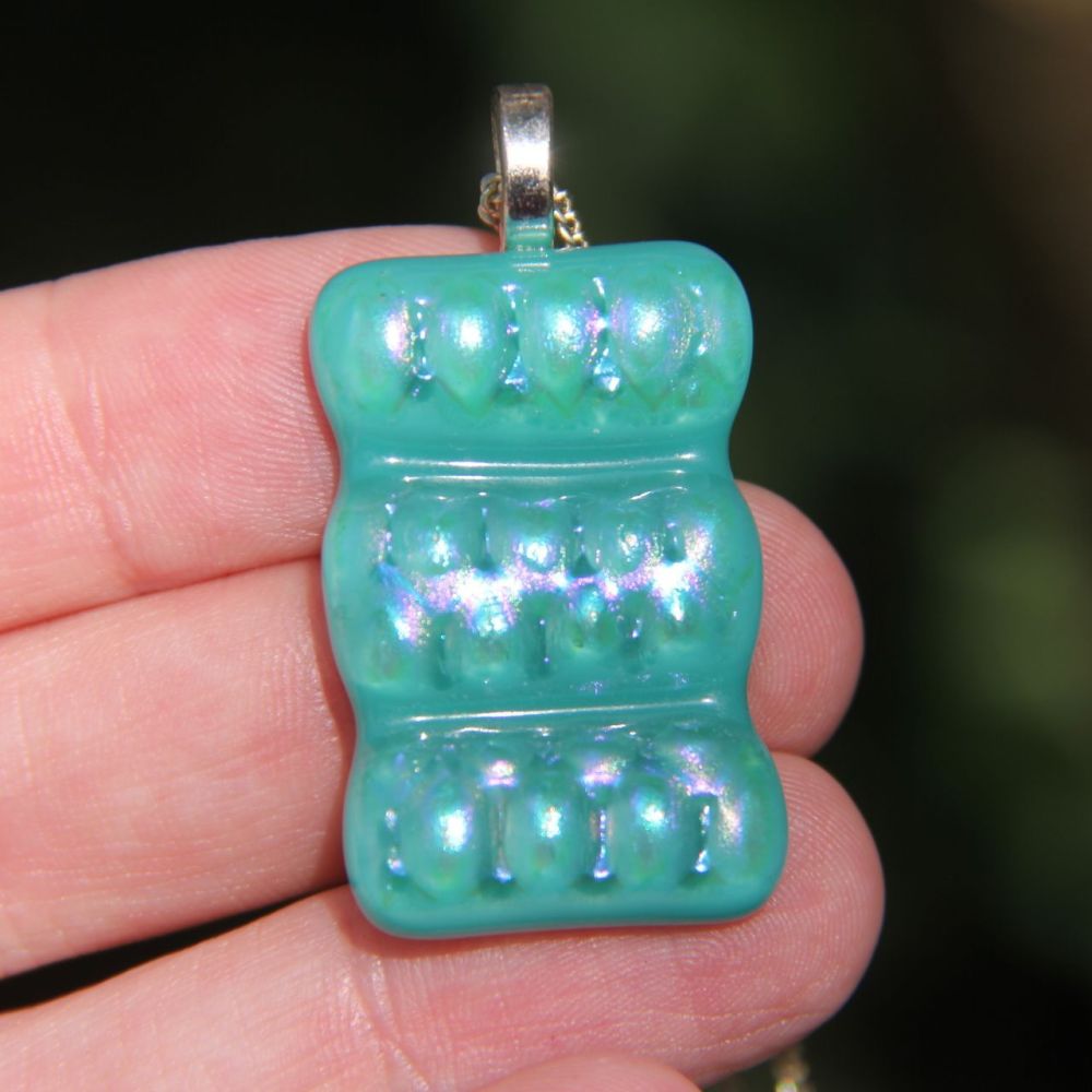 Iridescent teal textured glass pendant