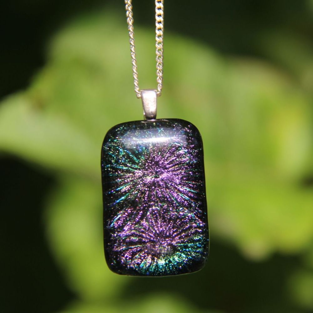 Purple and green  flower dichroic glass pendant