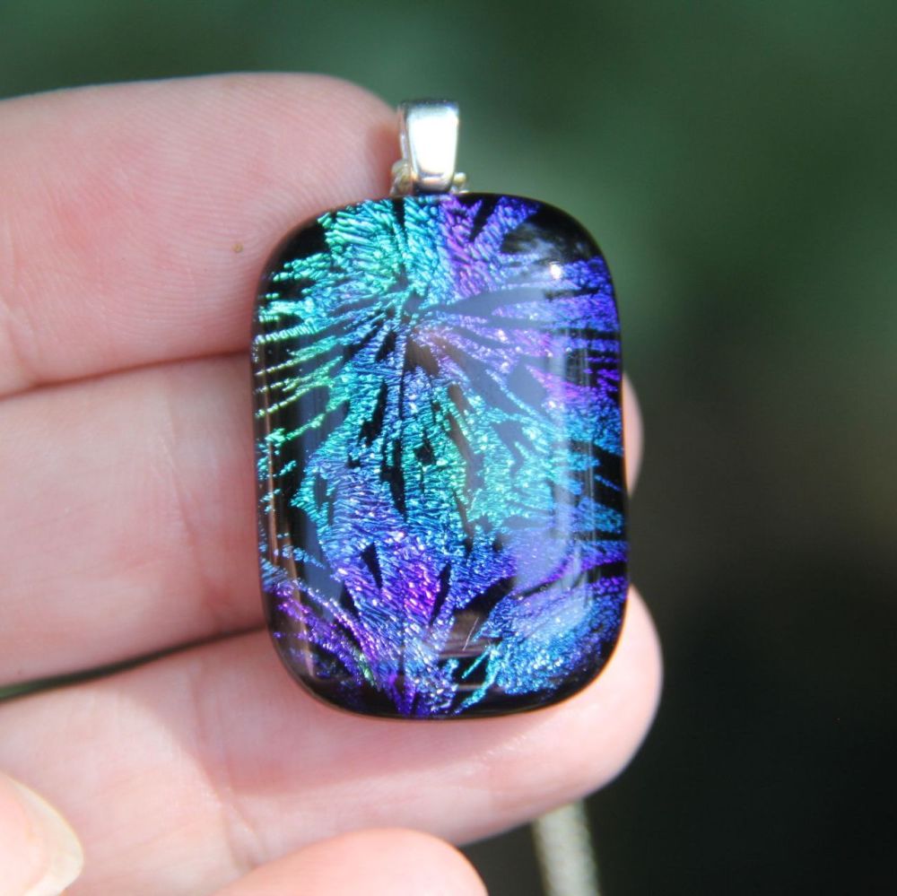 Deep blue and green flower burst dichroic glass pendant