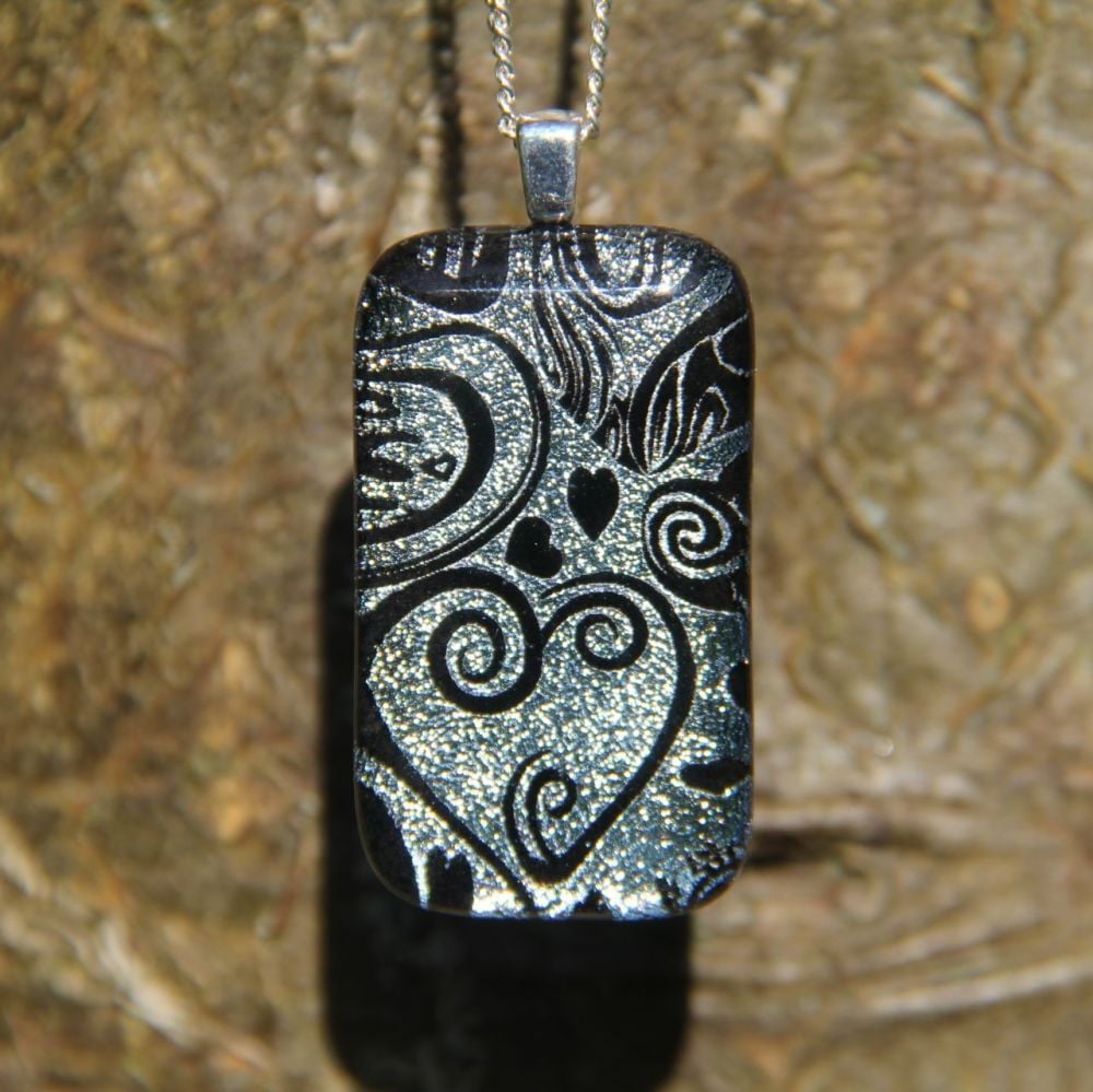 Silver hearts dichroic glass pendant