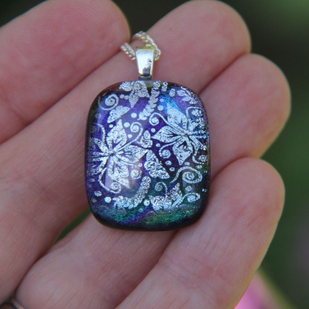 Silver flower dichroic glass pendant