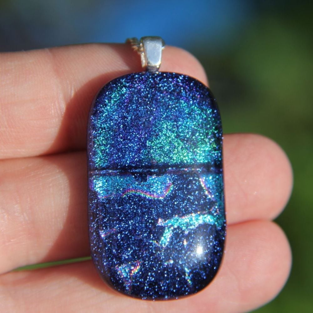 Long blue dichroic glass pendant