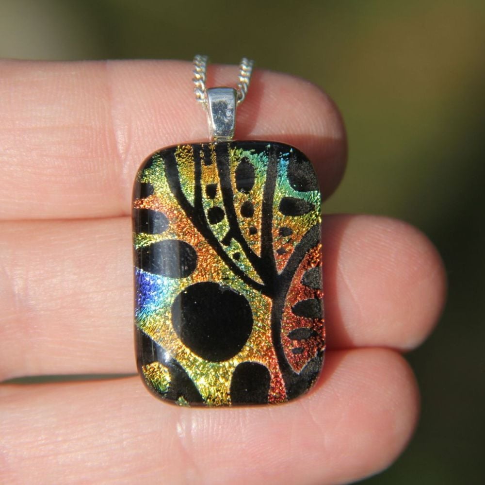 Orange and blue strap seaweed dichroic glass pendant