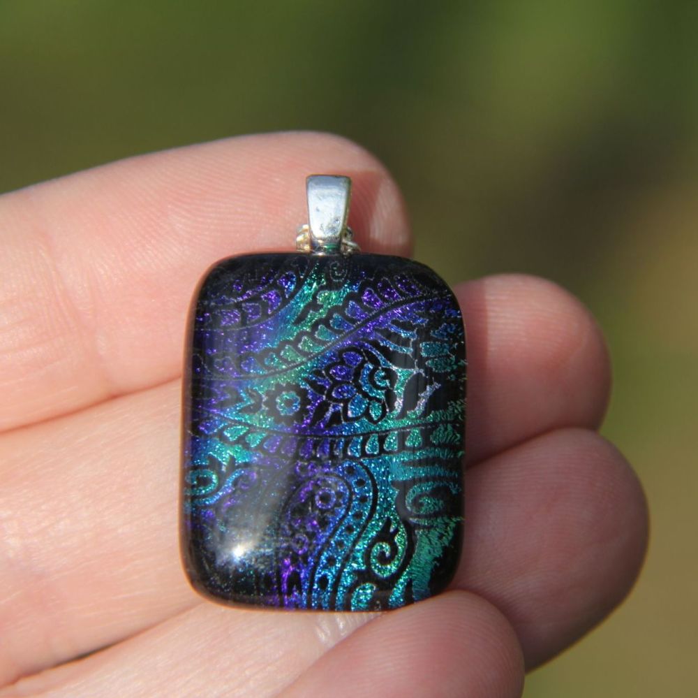 Deep blue and green dichroic glass pendant