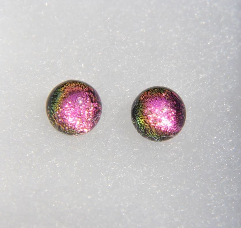 Small bright pink dichroic glass stud earrings