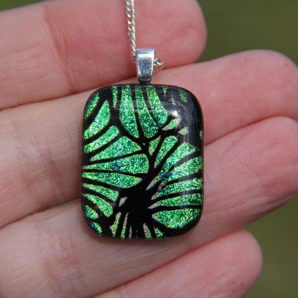 Green flower dichroic glass pendant