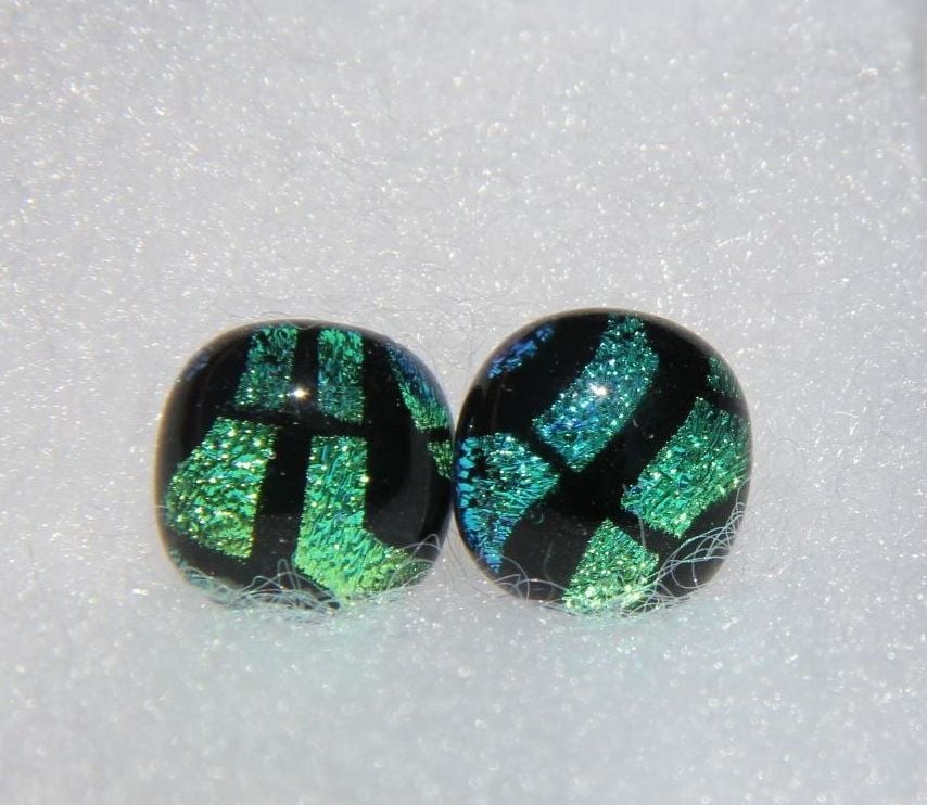 Green and black   dichroic stud earrings