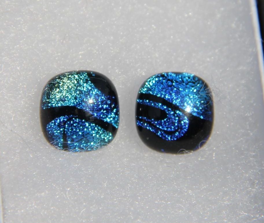 Silver blue dichroic glass stud earrings 