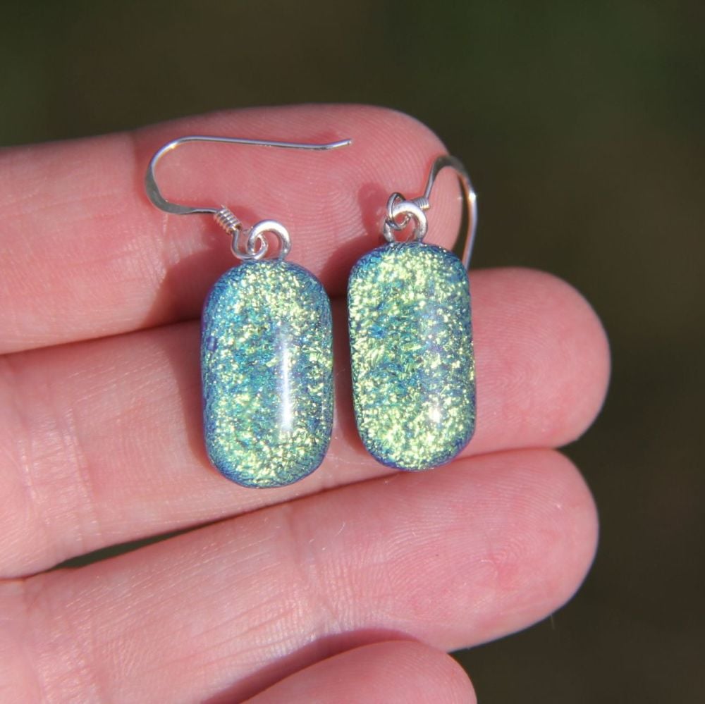 Gold and blue dichroic drop earrings