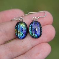 Striped blue and gold  dichroic glass earrings
