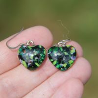 Green and lilac and coloured glass speckled heart dangly drop earrings