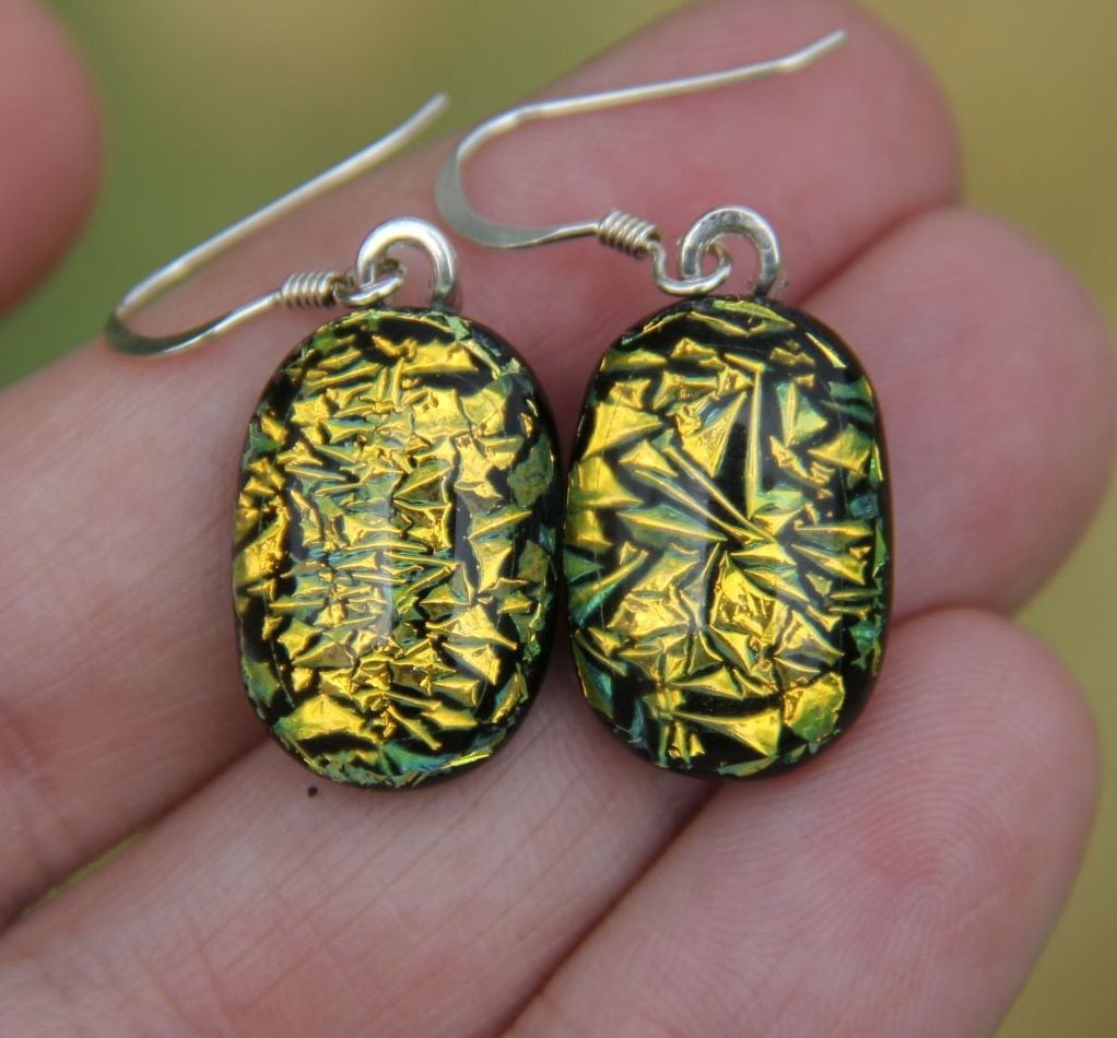 Gold crinkle dichroic glass earrings