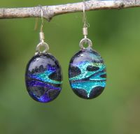Dark blue and green  strap seaweed dichroic glass earrings