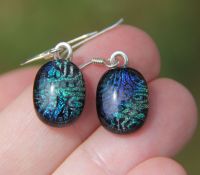 Dark Blue and green  dichroic glass flower  earrings