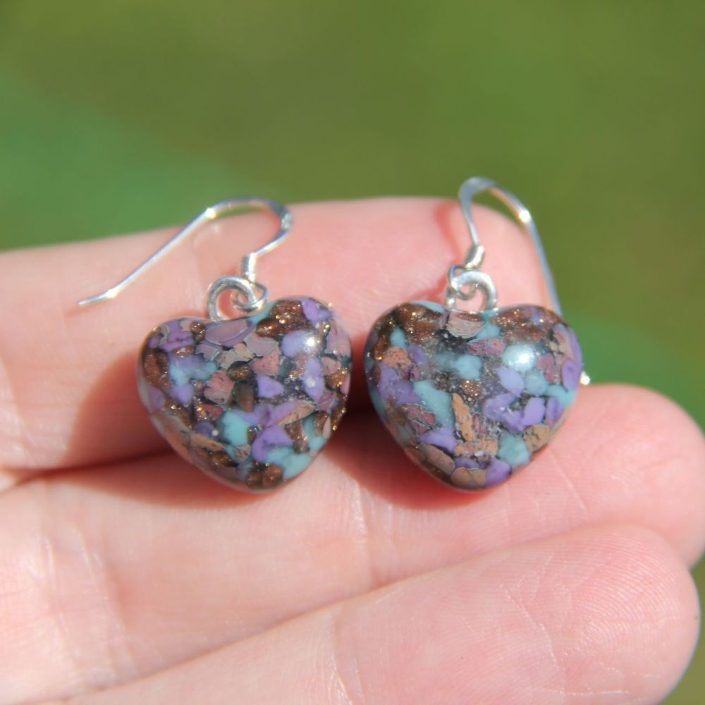 Sparkly brown, blue and purple speckled heart glass and goldstone drop earr