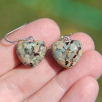 Pale green, sand and dark brown speckled heart glass drop earrings