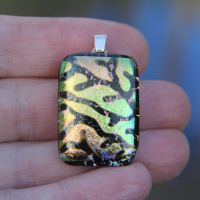 Green and gold dichroic glass coral pattern pendant