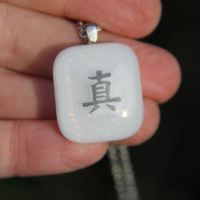 White sparkly glass pendant,  Symbol Truth, Chinese symbol Truth glass necklace,