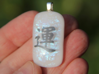 White 'Luck' dichroic glass pendant,  Kanji symbol Luck, Chinese symbol