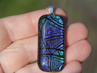 Deep blue and green long slice dichroic glass pendant
