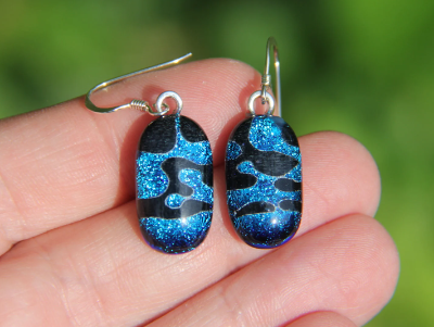 Long Blue  dichroic glass earrings, sterling silver, blue dangly  earrings,