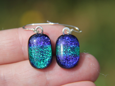 Dark  Blue and green dichroic glass earrings, sterling silver, blue dangly 