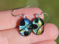 Blue and gold strap seaweed dichroic glass earrings 2 , sterling silver, dangly  earrings, dichroic drop earrings, fused glass earrings,