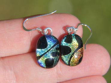 Blue and gold strap seaweed dichroic glass earrings 2 , sterling silver, da