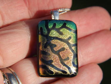 Green and gold dichroic glass  pendant, dichroic glass necklace, dichroic p